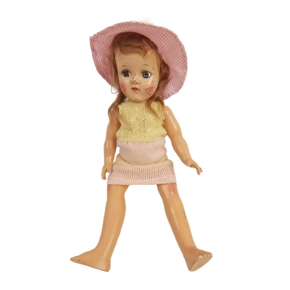 Vintage 1950s Hard Plastic Doll With Pink Hat & Dress 10" Collectible